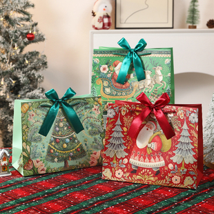 圣诞节手提礼品袋彩色蝴蝶结装饰节日礼物包装袋纸袋定制袋子logo