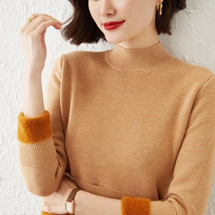 秋冬加绒毛衣女加厚一体绒内搭大码半高领套头打底针织衫保暖上衣