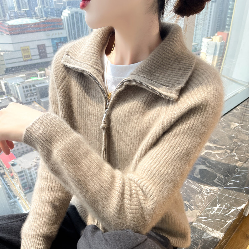 街头休闲拉链开衫毛衣外套女修身翻领2024新款羊毛立领加厚针织衫