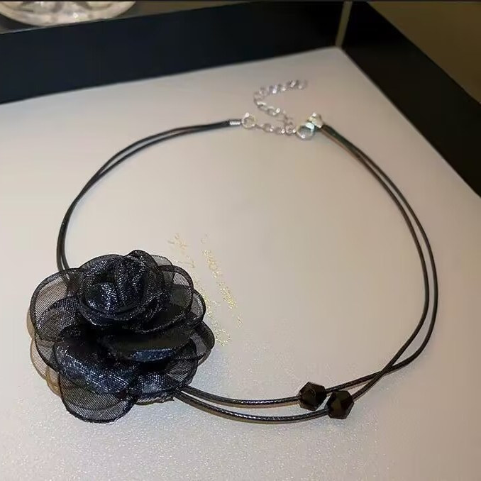 复古名媛风小众设计choker山茶花花朵锁骨链蜡绳项链颈带玫瑰项圈