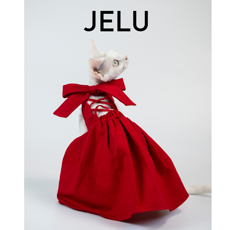 JELU 吉鹿 无毛猫斯芬克斯德文纯棉衣服裙红礼服蝴蝶结优雅贵气