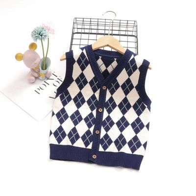 男童秋冬款中大童马甲V领菱格开衫背心针织衫儿童保暖坎肩毛衣