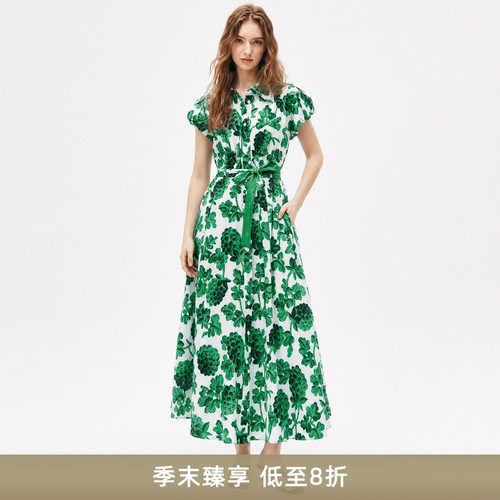 印花优雅气质翻领收腰连衣裙