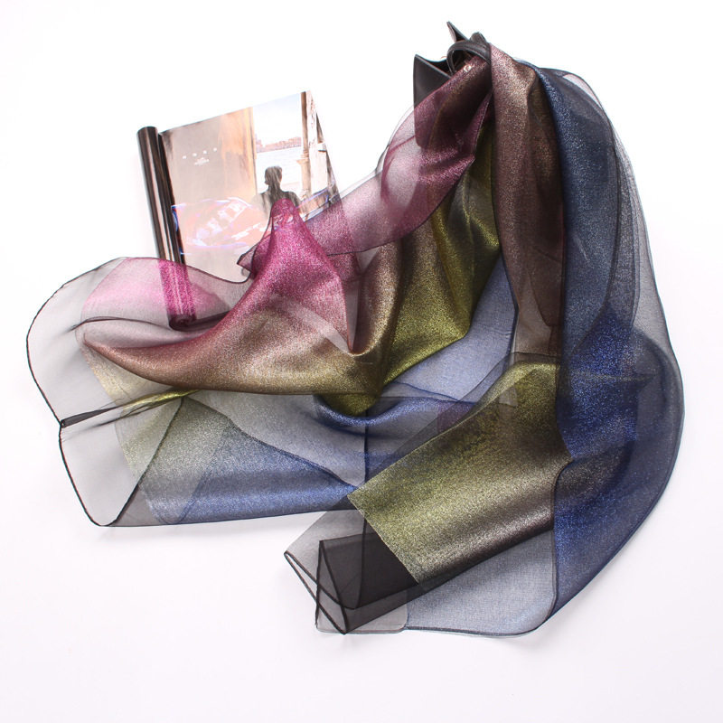 新款欧根纱丝巾女春秋韩版百搭双层渐变纱巾围巾披肩撞色长款纱巾