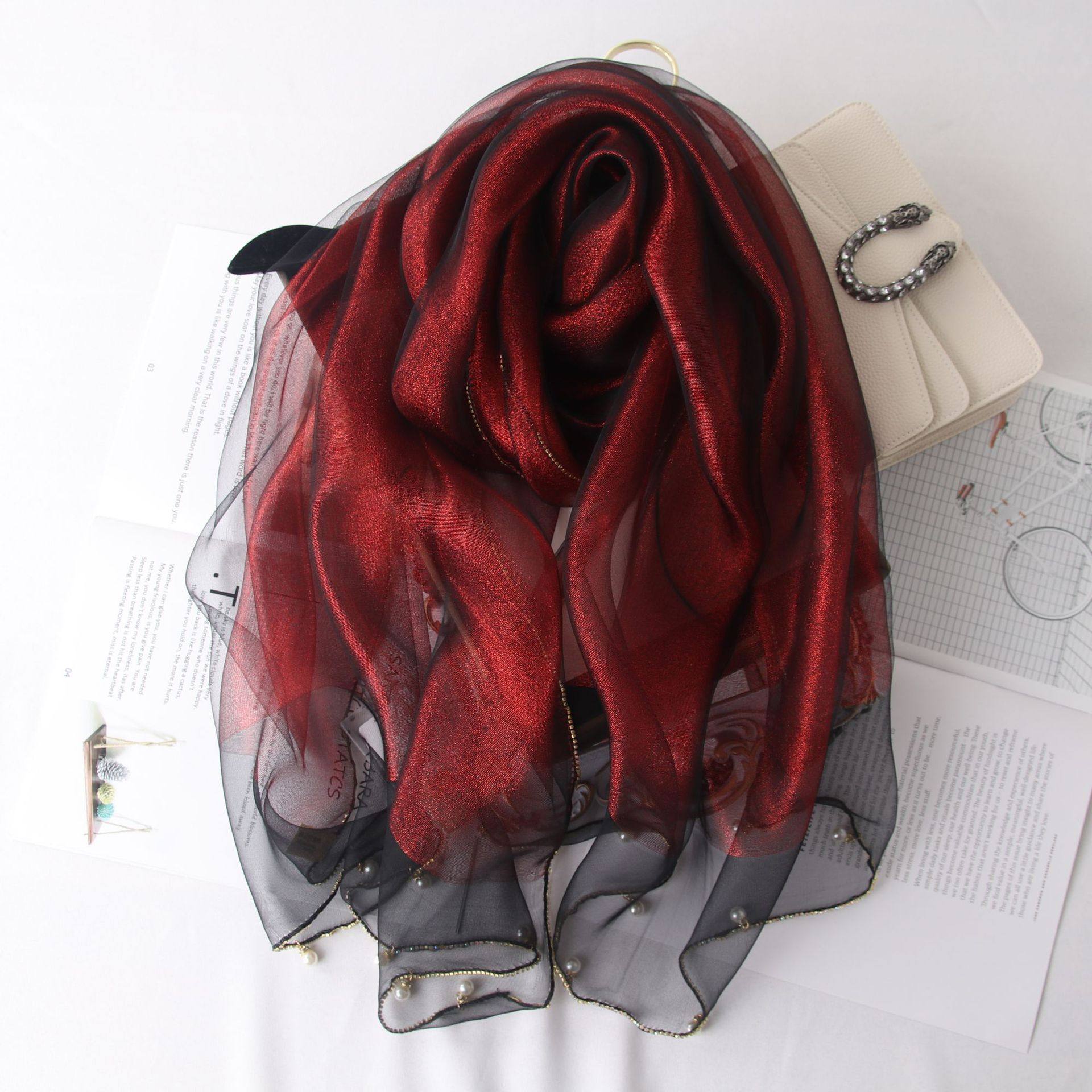 酒红色双层欧根纱真丝丝巾钻桑蚕丝礼服旗袍披肩围巾长巾春秋女款