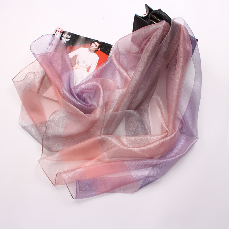 春季新款真丝欧根纱渐变色丝巾围巾秋冬单层桑蚕丝金丝礼服披肩女