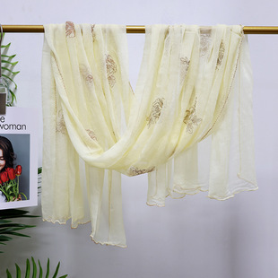刺绣真丝围巾女长款春秋冬季外搭礼服旗袍披肩桑蚕丝巾时尚淡黄色
