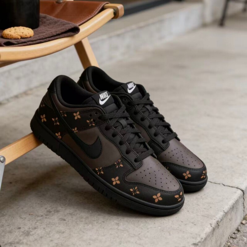 球鞋定制 Nike Dunk Low 花花咖啡 老钱风 复古经典 男子低帮板鞋