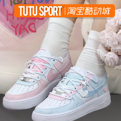 球鞋定制 NIKE/耐克 AIR Force1 反转鸳鸯空军蓝粉低帮增高板鞋