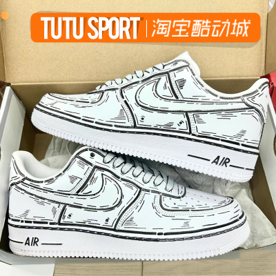 球鞋定制NIKE/耐克 Air Force1二次元 凌乱线条 手绘低帮男女板鞋