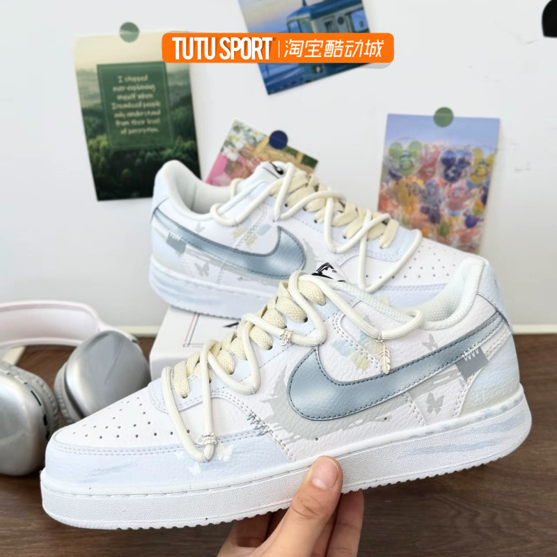球鞋定制 Nike Court Vision 月下蝶舞 百搭潮流男女低帮板鞋灰蓝