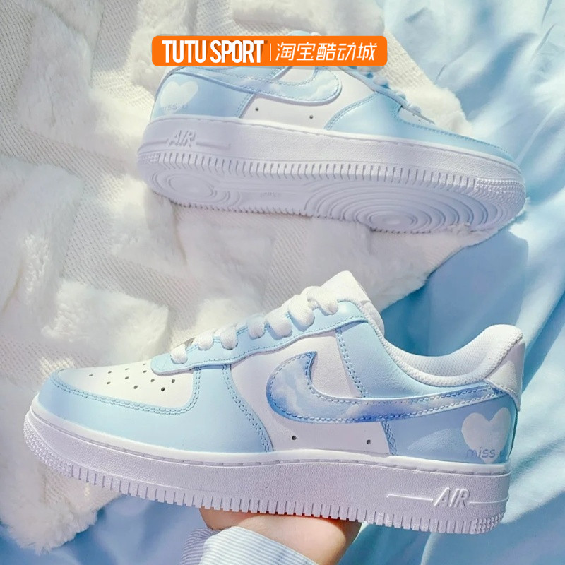 球鞋定制 Nike Air Force 1 空军一号 云思雾想 蓝白涂鸦低帮板鞋