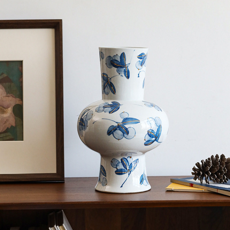新品破价促销樱桃花鎏金陶瓷花瓶青花瓷摆件轻奢高级感客厅大号