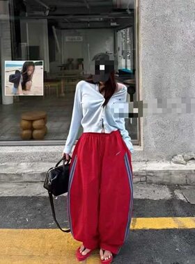 MAOMAO两条杠休闲弯刀裤女2026新款欧美风宽松显瘦抽绳运动裤2916