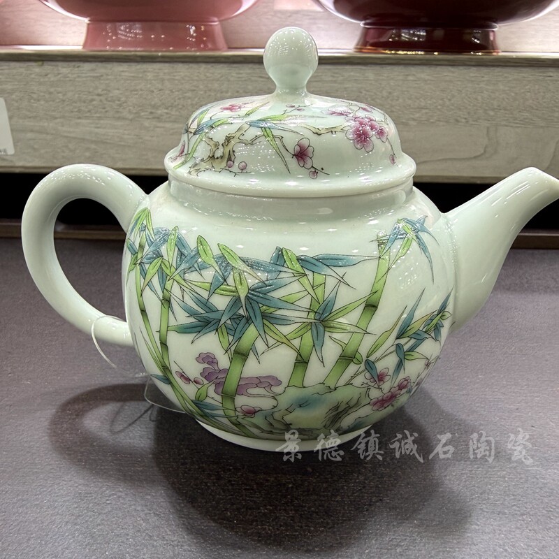 景德镇陶瓷粉彩竹子手把茶壶图片