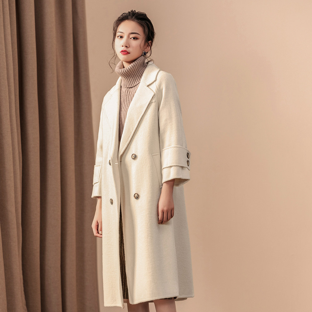 2019新品阿尔巴卡大衣女双面羊绒纯色外套羊毛毛呢中长款复古修身