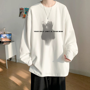 抽象人影字母长袖t恤男纯棉美式春秋宽松潮流内搭打底圆领卫衣服