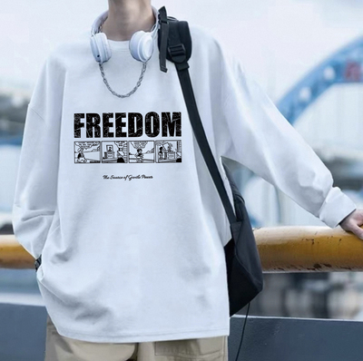 字母印花纯棉长袖t恤男春秋季美式高街宽松休闲外穿卫衣内搭上衣