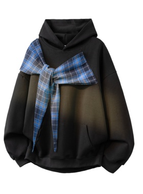 美式蓝色格子披肩拼接假两件连帽卫衣男款春秋情侣黑色外套上衣潮