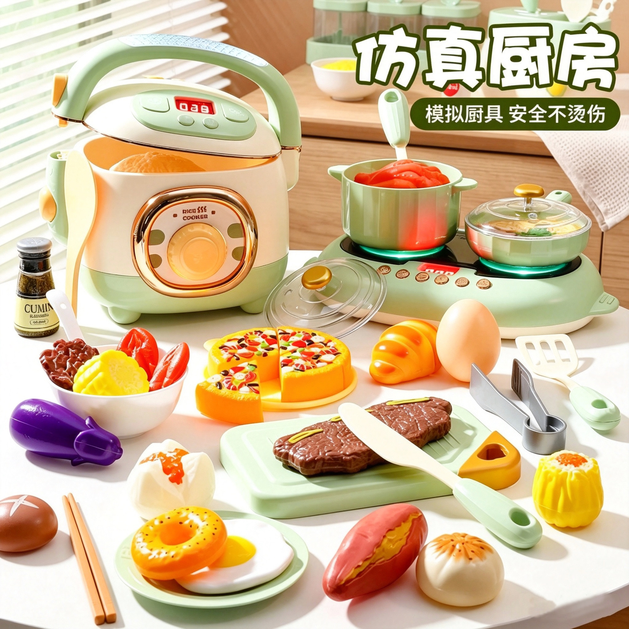 儿童仿真厨房玩具套装喷雾电饭煲声光电磁炉过家家煮饭电饭锅套装