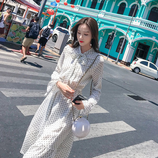 2020春季新款ins风时尚波点雪纺长袖连衣裙女中长款高腰显瘦裙子