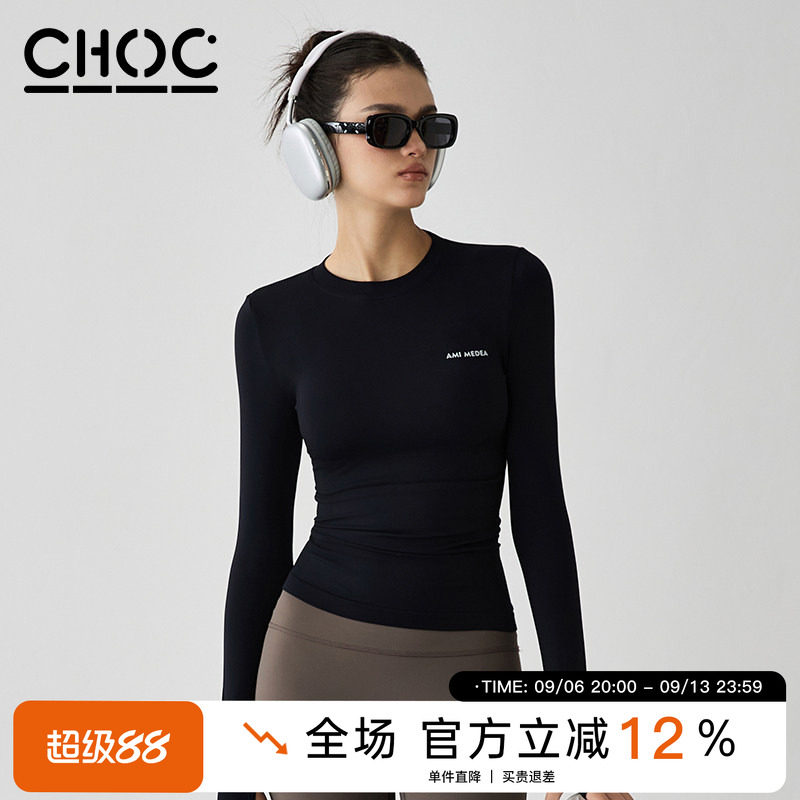Choc女孩健身服秋季款运动上衣修身速干衣跑步辣妹长袖T恤瑜伽服