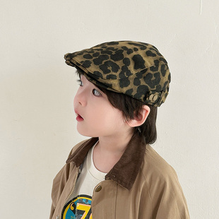 亲子前进帽秋冬儿童帽子美式豹纹鸭舌帽男童洋气报童帽女童贝雷帽