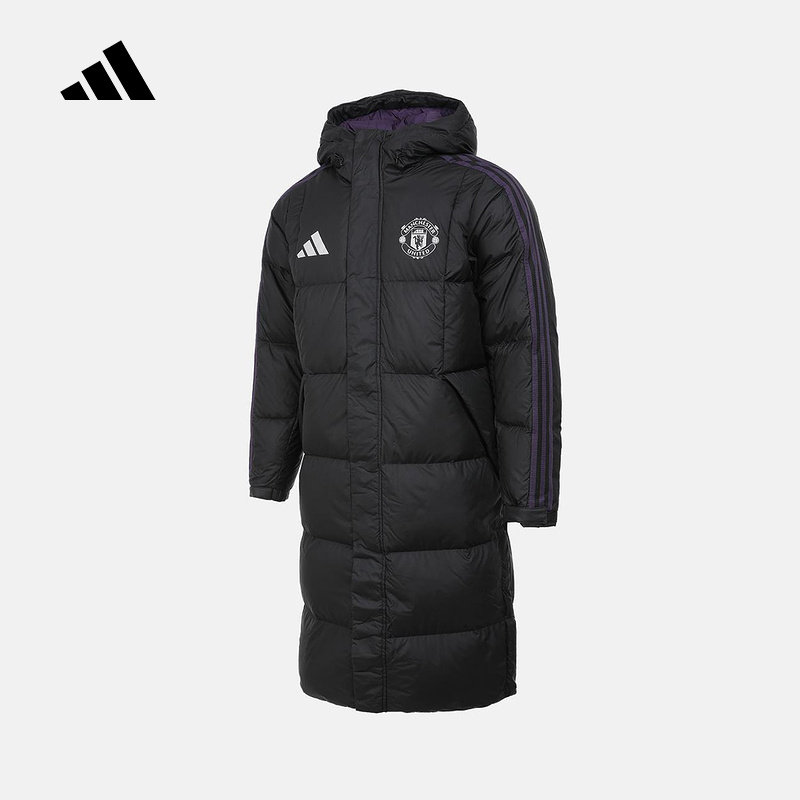 adidas阿迪达斯长款羽绒服男子2025冬曼联足球连帽训练外套JN2889