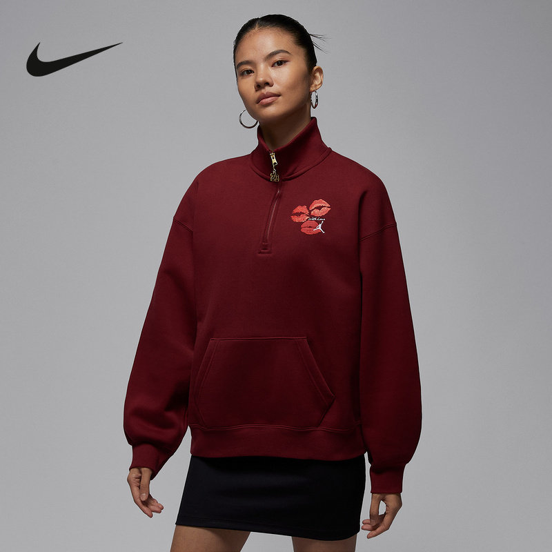 NIKE耐克运动卫衣女2025春JORDAN新年款红色立领套头衫IR0110-677