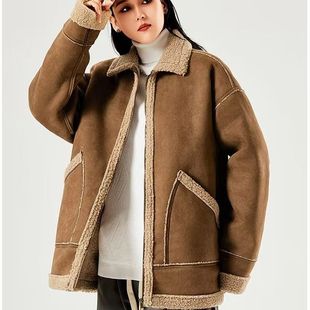 羊羔毛外套女冬装 加厚机车服皮衣复古皮毛一体ins港风潮韩系棉服