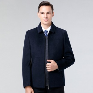 高端短款双面呢子羊绒大衣男中老年夹克羊毛呢爸爸装厚款翻领外套