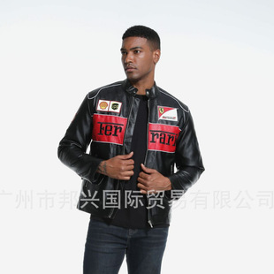 F1赛车服刺绣夹克美式跨境骑行服Ferrarif1法拉利皮衣PU外套定制