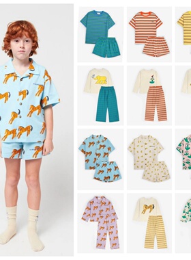 26SS男童女童纯棉BC条纹T恤短裤家居服儿童宝宝斑马衬衫长裤套装