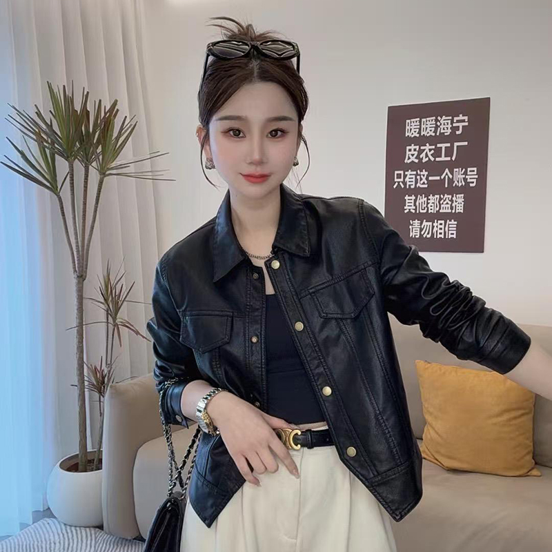 海宁秋季新款小个子短款皮衣女pu皮夹克外套宽松上衣翻领长袖机车