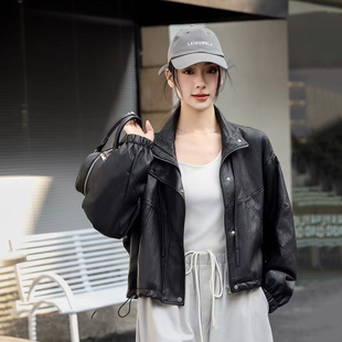 2025年欧货气质皮衣外套女春秋短款显瘦修身圆领黑色小个子上衣潮
