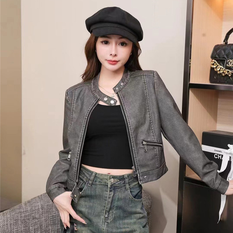 美式复古小个子高级感水洗皮小立领时髦机车PU皮衣女夹克短款外套