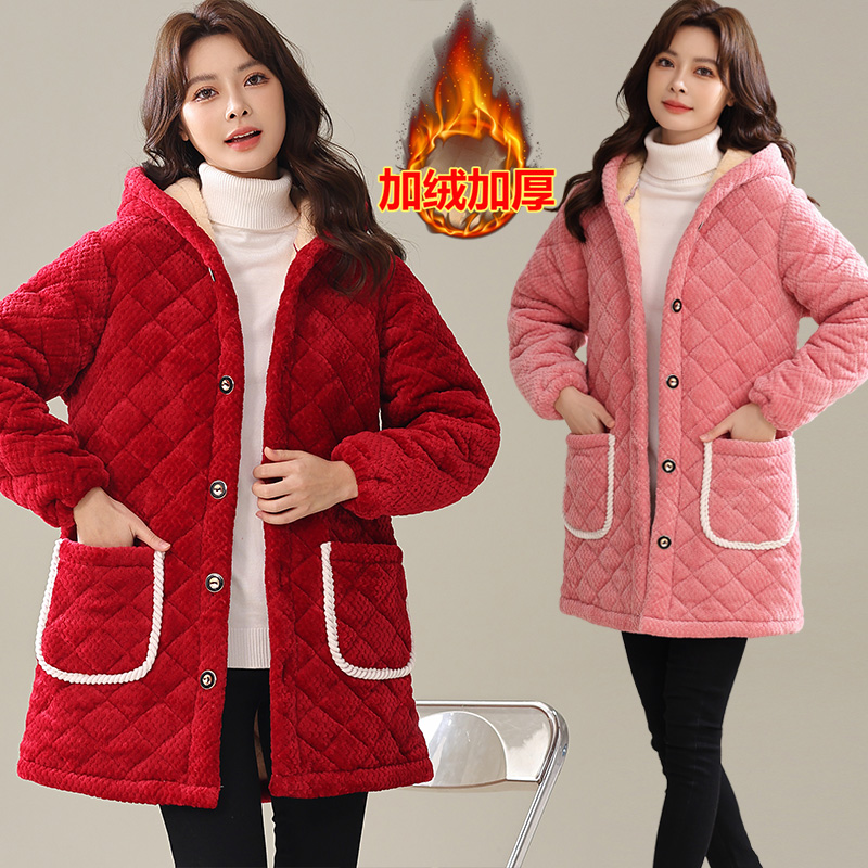 冬季新款保暖棉衣连帽加绒加厚时尚韩版居家服工作服外套罩衣女