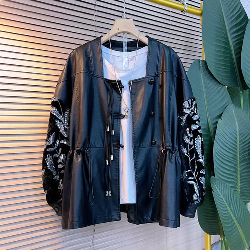 方领流苏盘扣拼接亮片PU皮外套