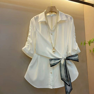 衬衫 加大码 女装 翻领侧系带长袖 气质通勤上衣 胖妹妹气质高级感时尚