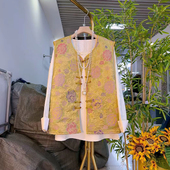 女装 圆领花朵图案盘扣国风马甲胖妹妹秋冬款 挽袖 加肥大码 圆领小衫