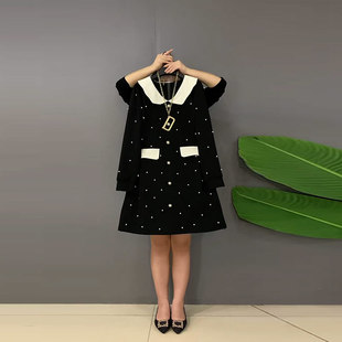 加大码女装拼色翻领钉珠长袖连衣裙胖妹妹法式赫本风秋冬款小黑裙
