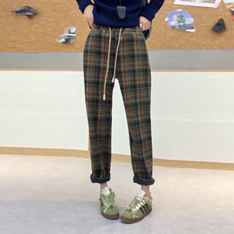 胖妹妹松紧腰系带格子长裤
