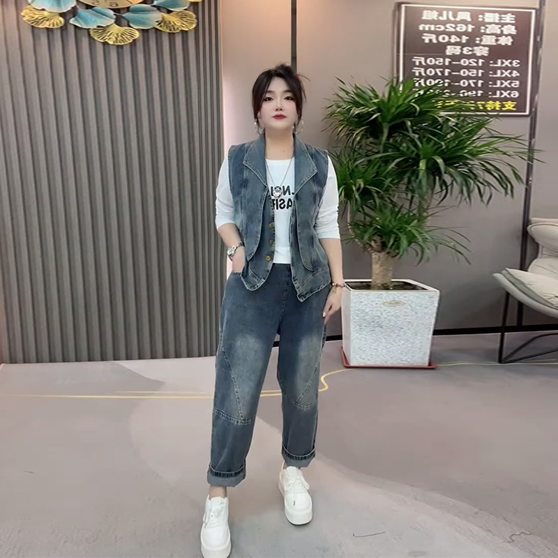 加肥大码女装翻领牛仔马甲直筒长裤胖妹妹欧货秋季款休闲两件套潮
