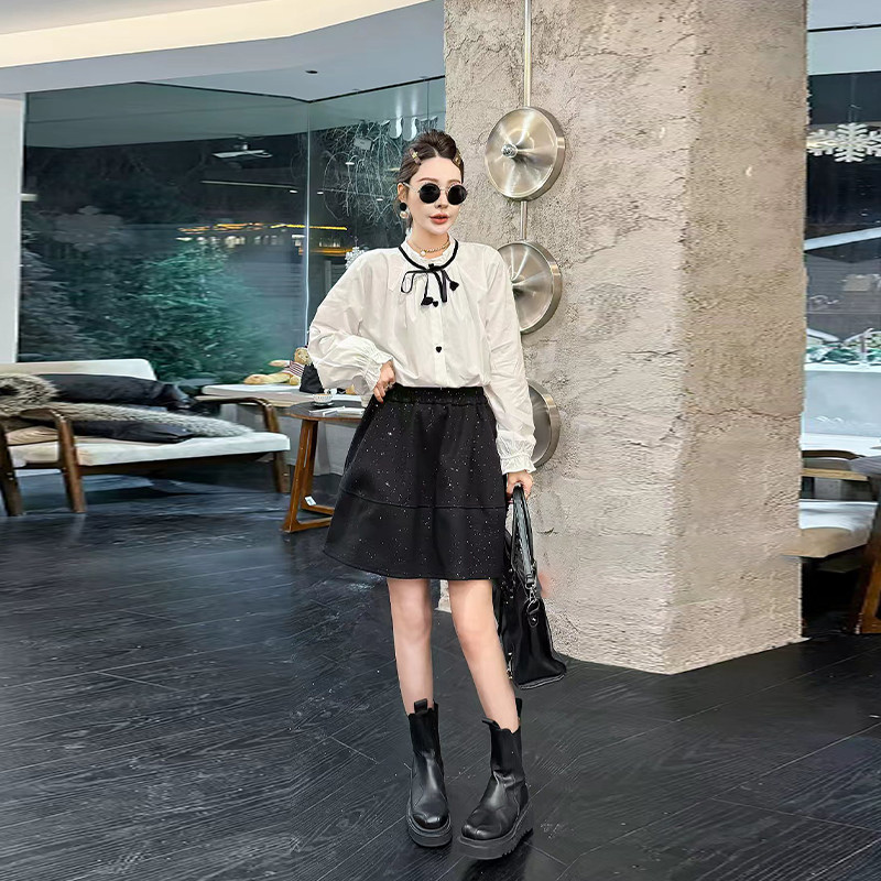 松紧腰短裙系带领长袖衬衫