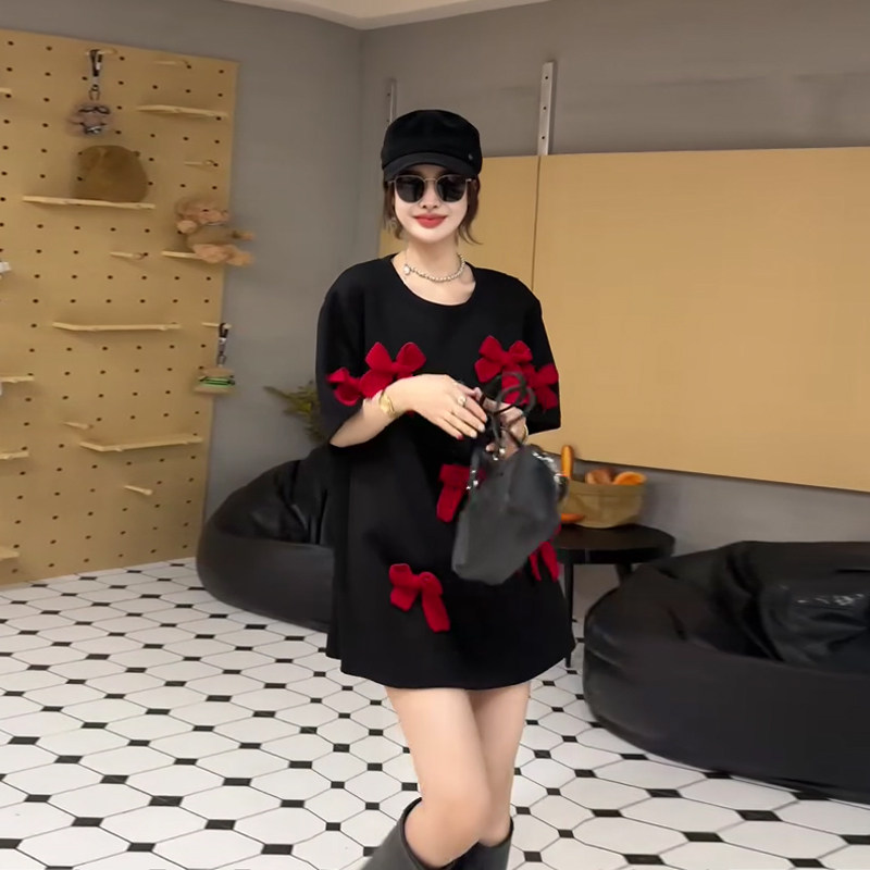 大码女装拼色蝴蝶结圆领短袖上衣胖MM欧货百搭减龄显瘦休闲T恤衫,女装/女士精品,大码内搭,淘宝优惠券,粉丝福利购,淘宝优惠卷