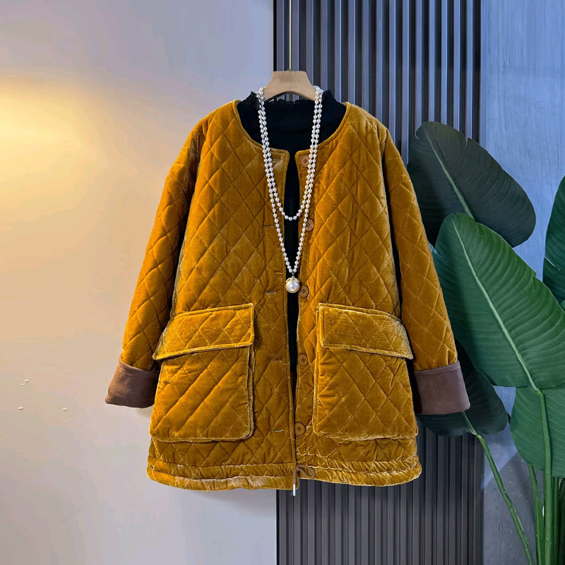 圆领长袖菱形格棉服外套