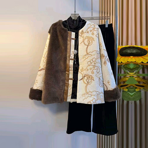 松紧黑色裤子花纹拼毛毛AB版外套