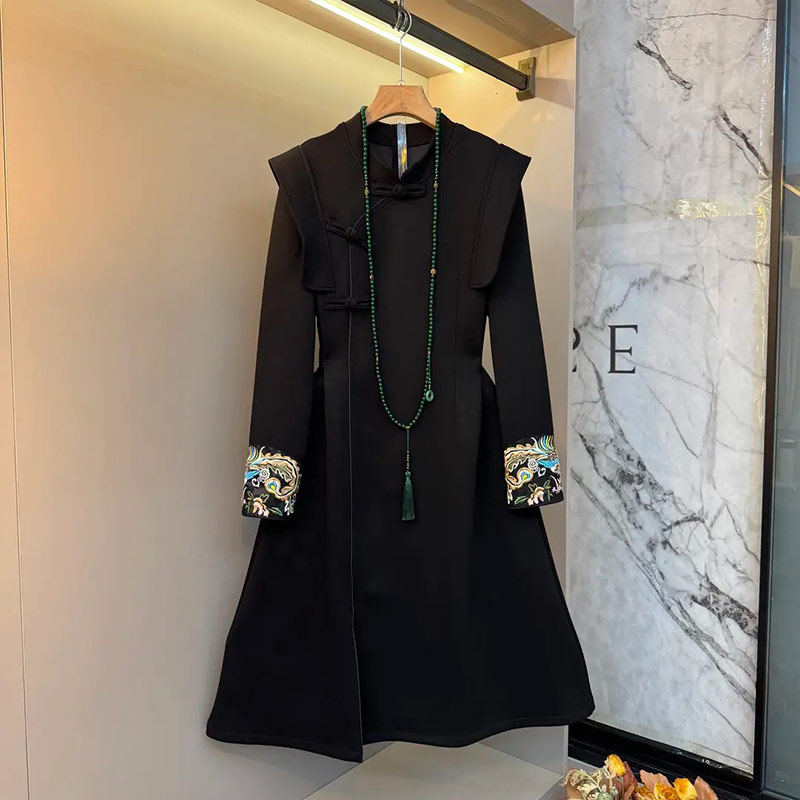 胖妹妹复古风时尚拼色袖口直角肩盘扣长款连衣裙大码女装旗袍裙潮,女装/女士精品,大码连衣裙,淘宝优惠券,粉丝福利购,淘宝优惠卷