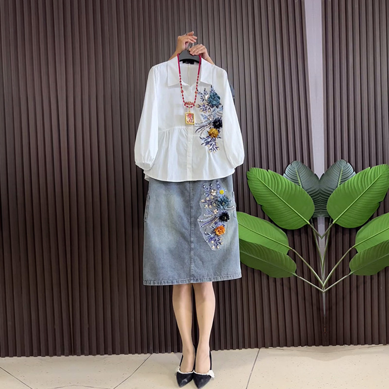 加大码女装翻领花朵长袖上衣胖妹妹宽松遮胯欧洲站时尚牛仔半身裙
