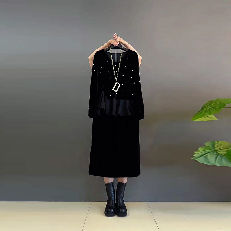 胖MM拼接底摆长袖亮钻上衣半身裙加肥大码女装黑色显瘦气质两件套,女装/女士精品,大码套装,淘宝优惠券,粉丝福利购,淘宝优惠卷